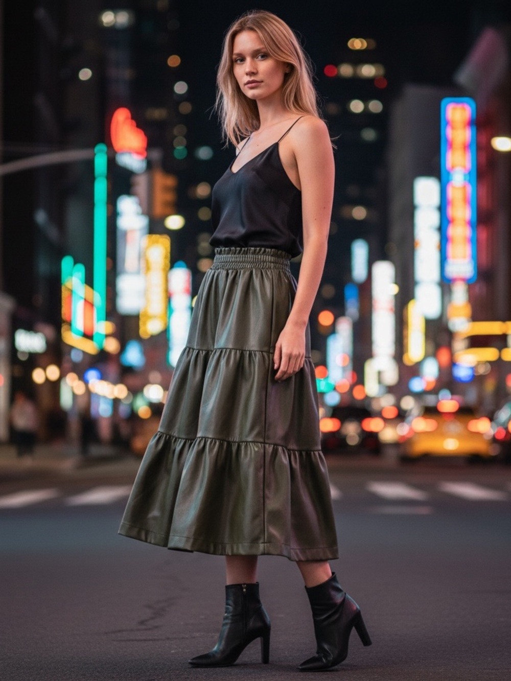Fate Olive Tiered Midi Skirt with Smocked Waistband